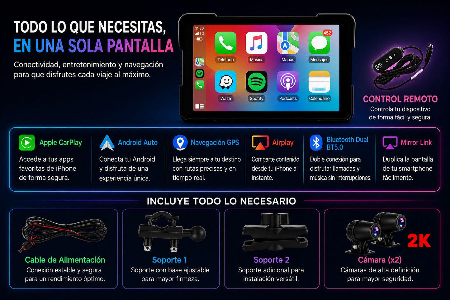 Pantalla Portátil Jansite 5/7” para Moto – CarPlay y Android Auto Inalámbrico con GPS, DVR y Resistencia IPX7