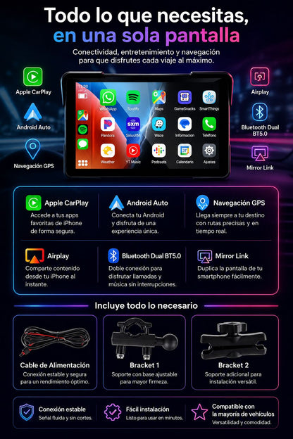 Pantalla Portátil Jansite 5/7” para Moto – CarPlay y Android Auto Inalámbrico con GPS, DVR y Resistencia IPX7