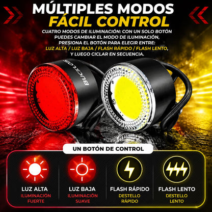 Juego de Luces LED USB para Bicicleta BUCKLOS COB – Delantera y Trasera Recargable de Seguridad