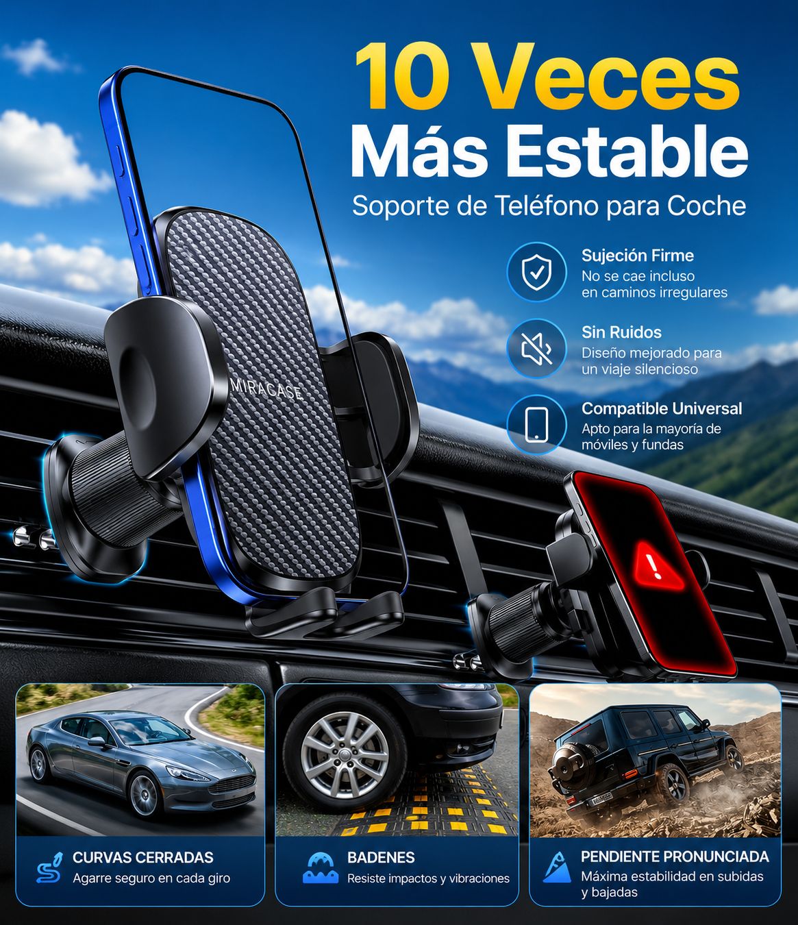 Soporte Móvil para Coche Miracase con Doble Gancho de Acero y Rotación 360°