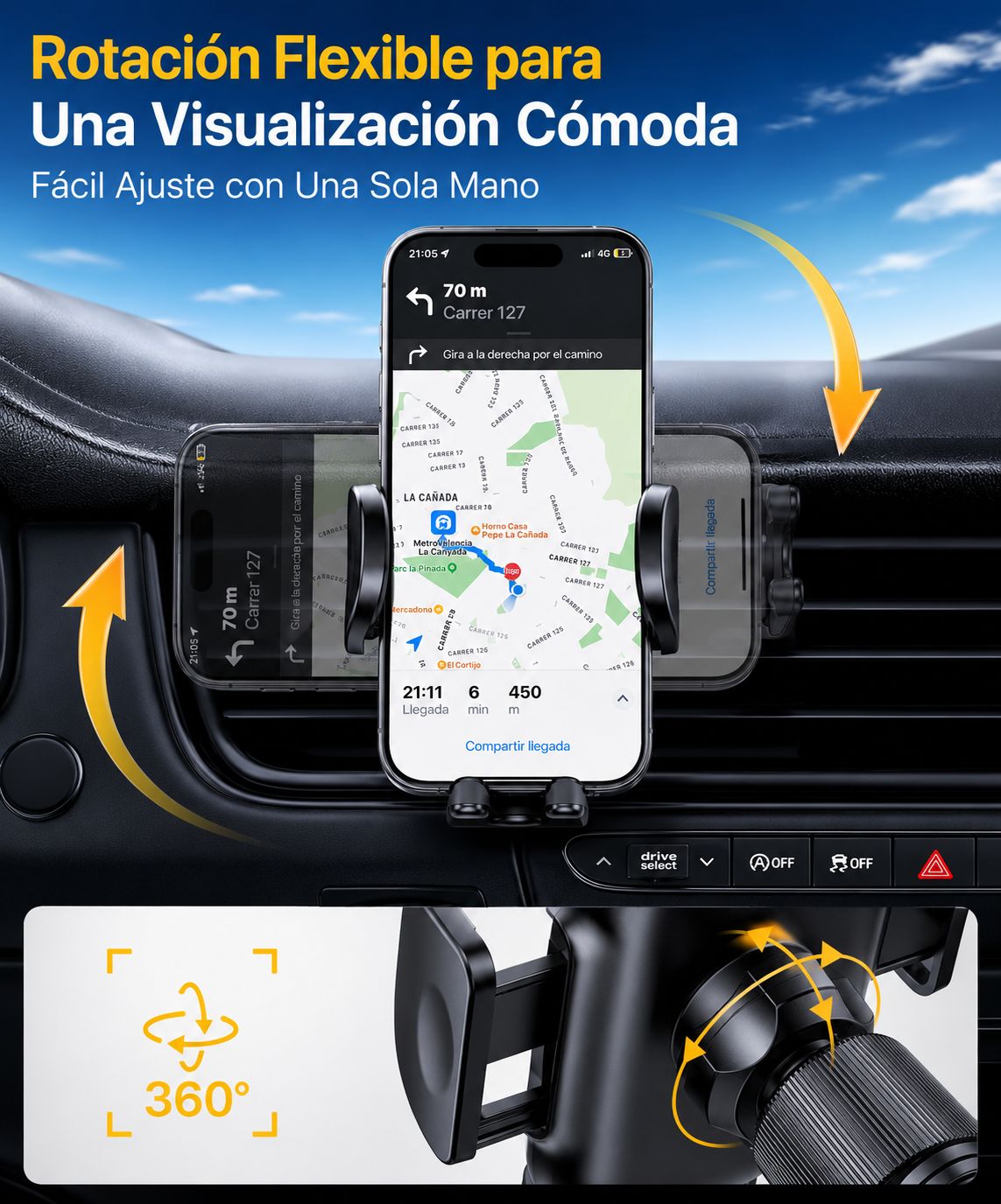 Soporte Móvil para Coche Miracase con Doble Gancho de Acero y Rotación 360°