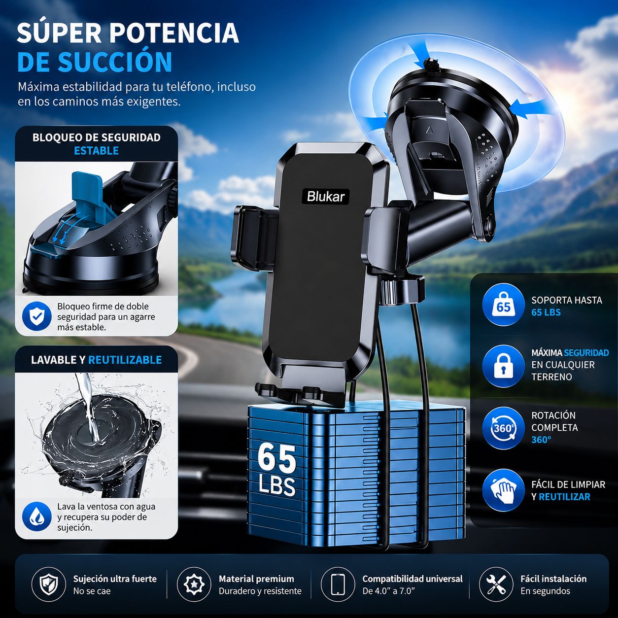 Soporte Móvil para Coche 360º con Ventosa Ultra Fuerte
